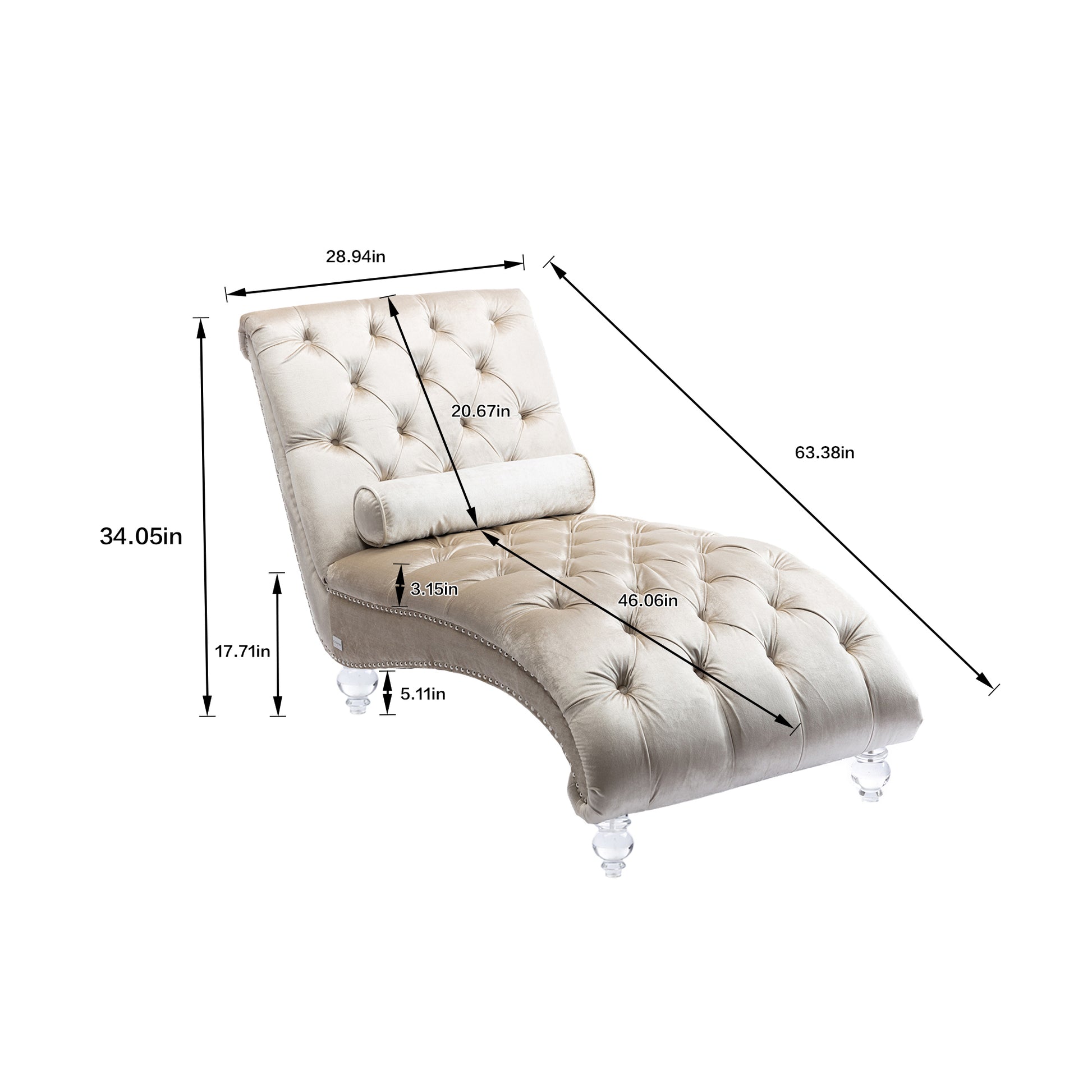 Coolmore Contemporary Velvet Chaise Lounge with Acrylic Feet