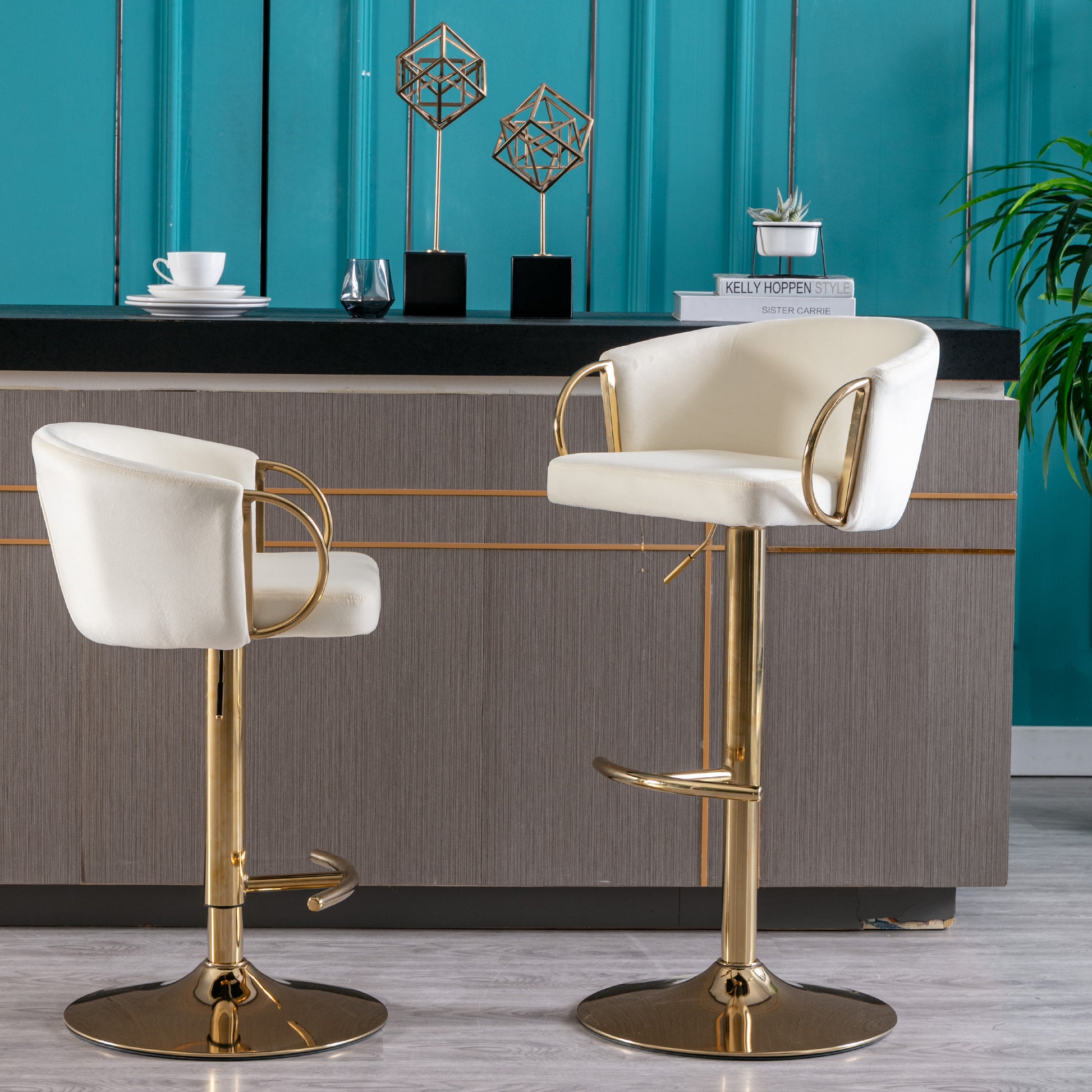 Modern Velvet Barstools with Gold Base Set of 2