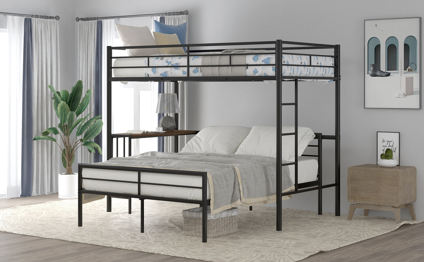 Homey Life Twin Over Full Metal Bunk Bed with Desk & Ladder in Black