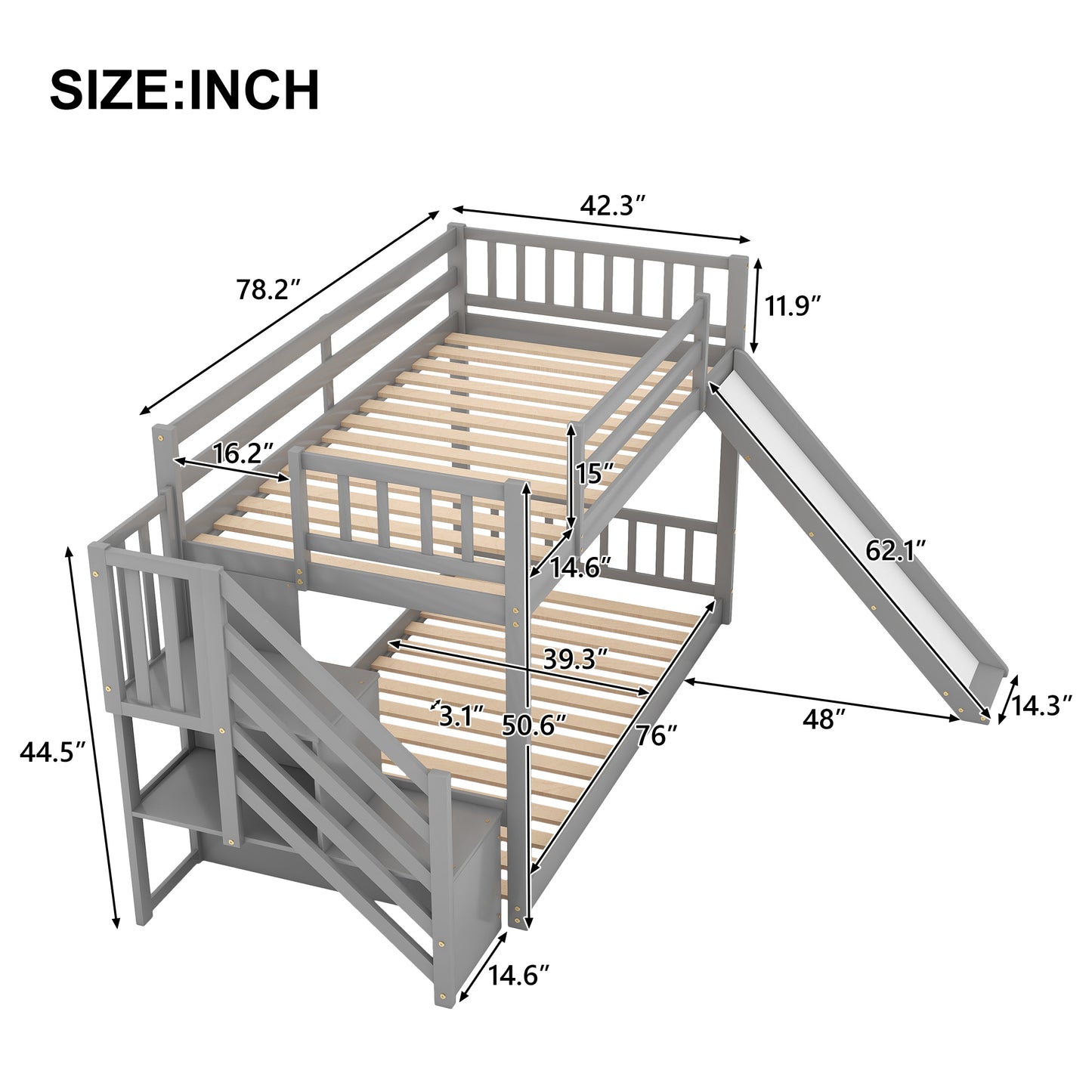 WM Store Twin over Twin Bunk Bed with Convertible Slide and Stairway, Gray