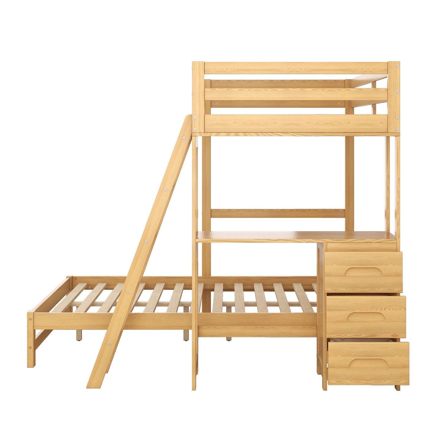 WM Store Twin over Full Bunk Bed with Built-in Desk and Three Drawers,Natural