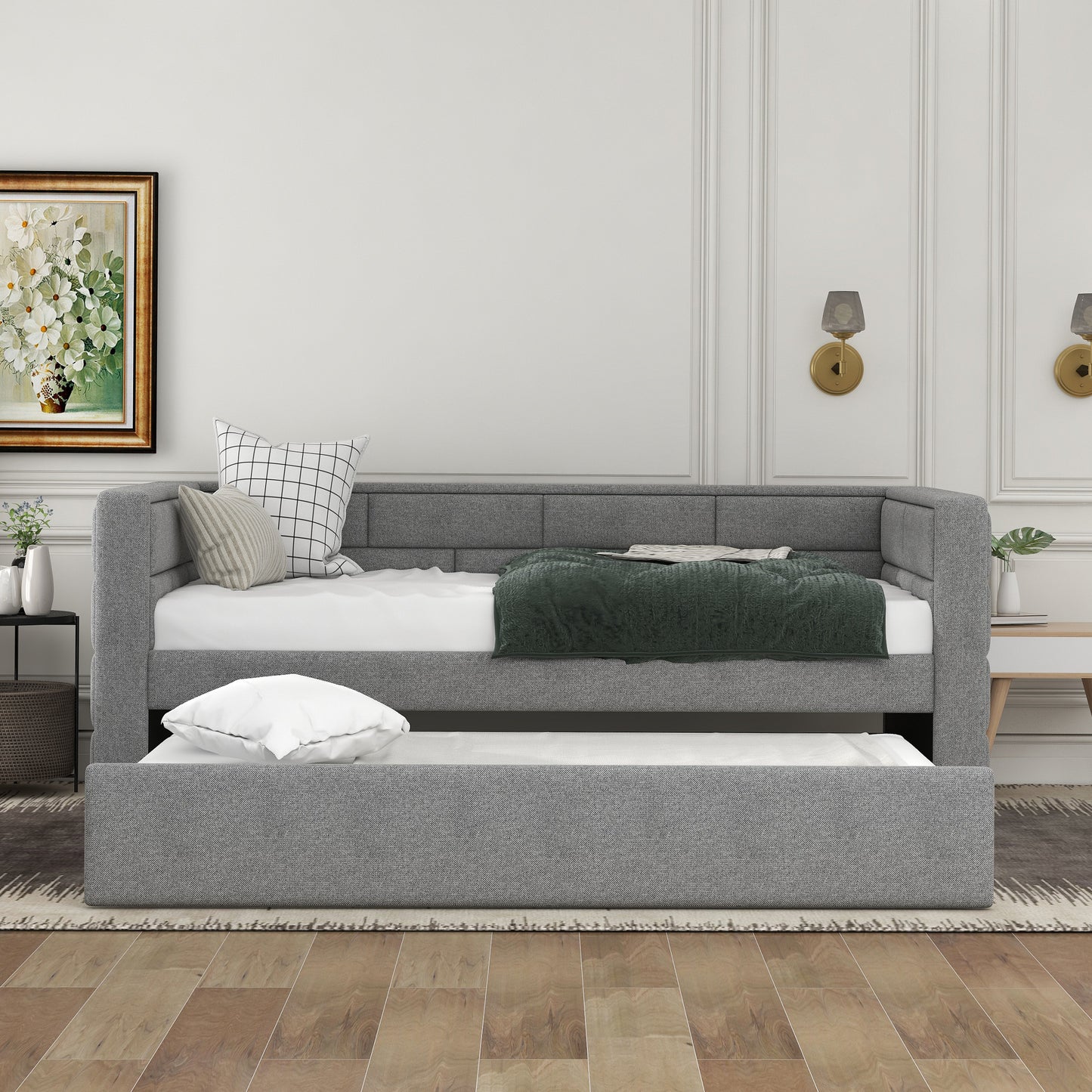 WM Store Twin Size Daybed with Trundle in Cube Tufted Gray Upholstery