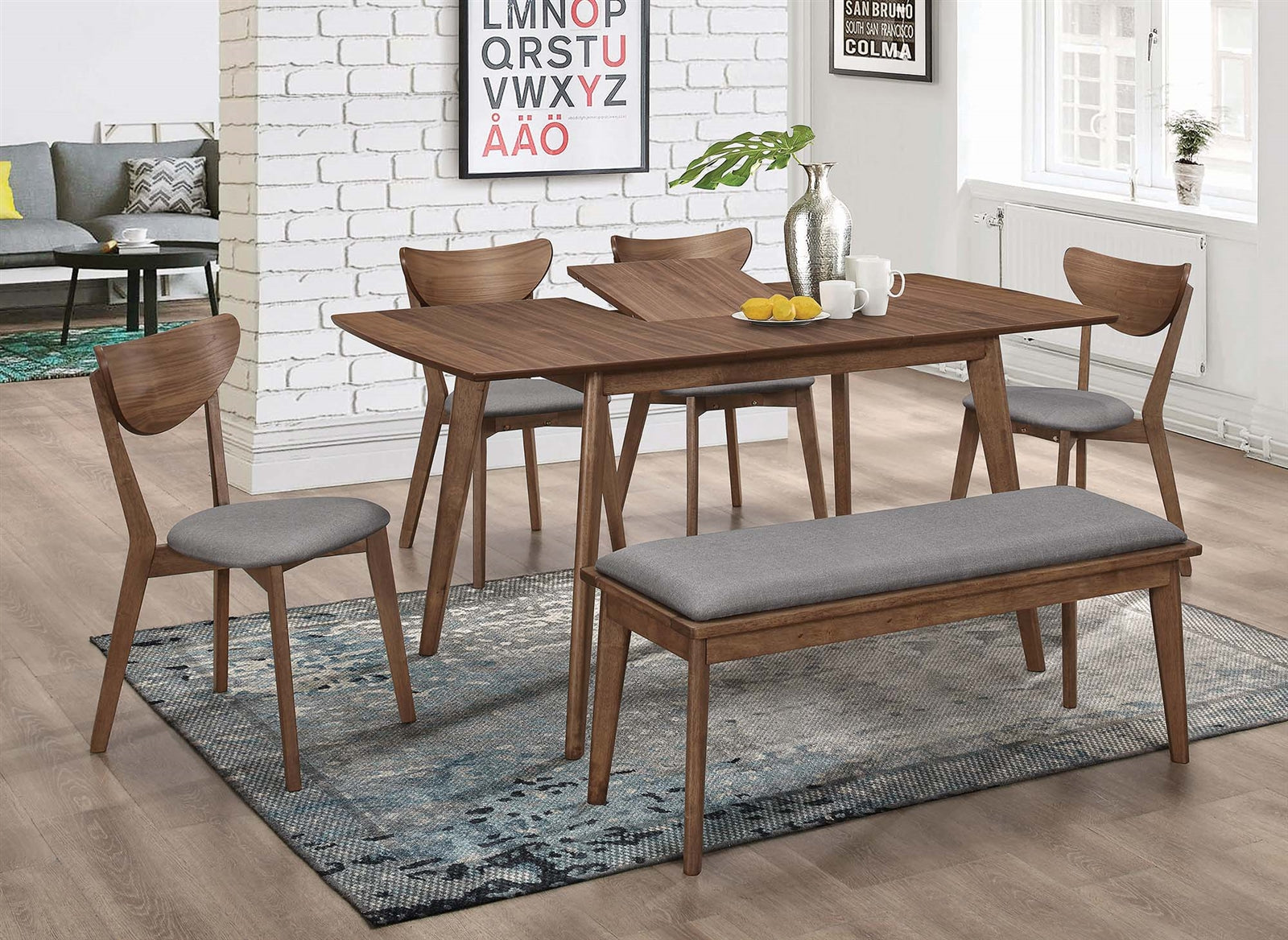 Martin Walnut Finish Retro Style 6 Piece Dining Set w- Bench