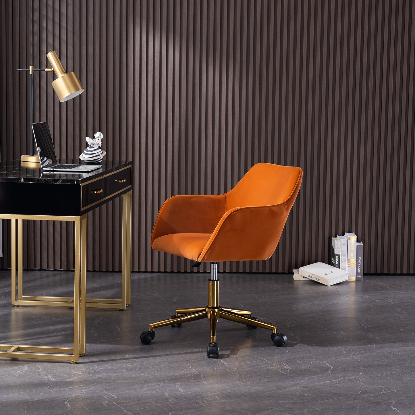 Modern Swivel Office Chair in Orange Velvet with Gold Base