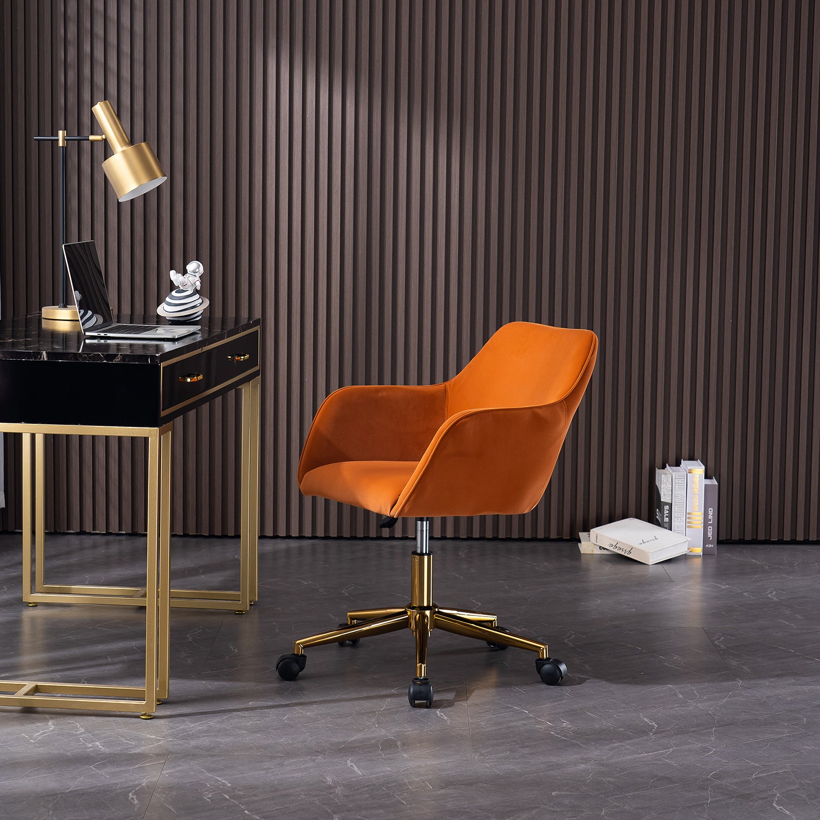 DG Collection Modern Swivel Office Chair in Orange Velvet with Gold Base