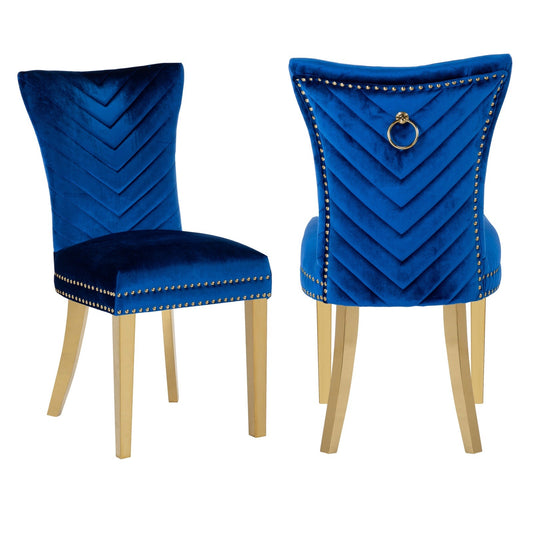 Eva Transitional Velvet Dining Chair with Gold Legs in Blue Set of 2