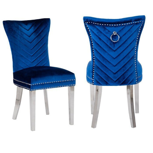 Eva Transitional Velvet Dining Chair with Stainless Steel Legs in Blue Set of 2