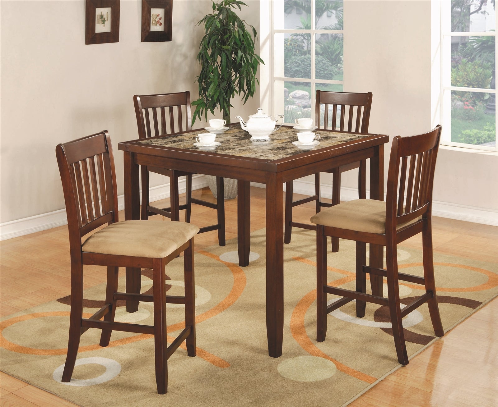 Melody 5-Piece Warm Brown Counter Height Set w- Faux Marble Top