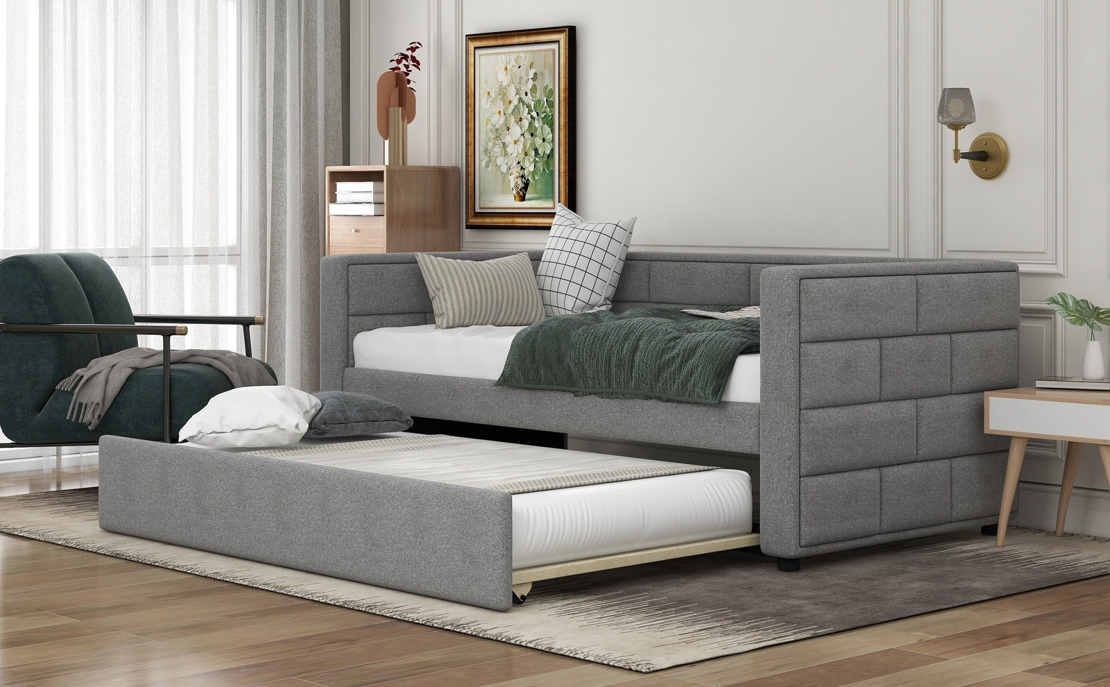 WM Store Twin Size Daybed with Trundle in Cube Tufted Gray Upholstery