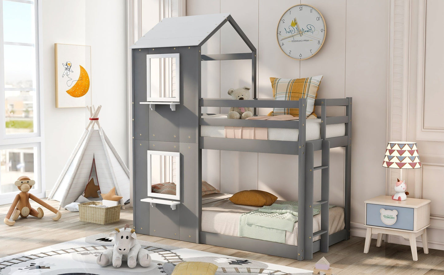 Homey Life Twin Over Twin Bunk Bed Wood Bed with Roof, Window, Guardrail, Ladder Gray & White