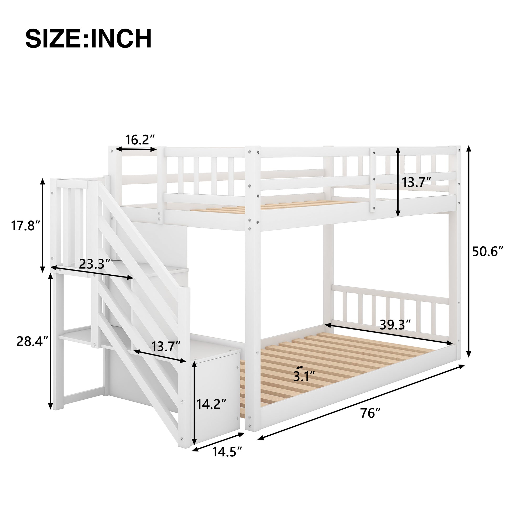 WM Store Twin over Twin Floor Bunk Bed, Ladder with Storage, White