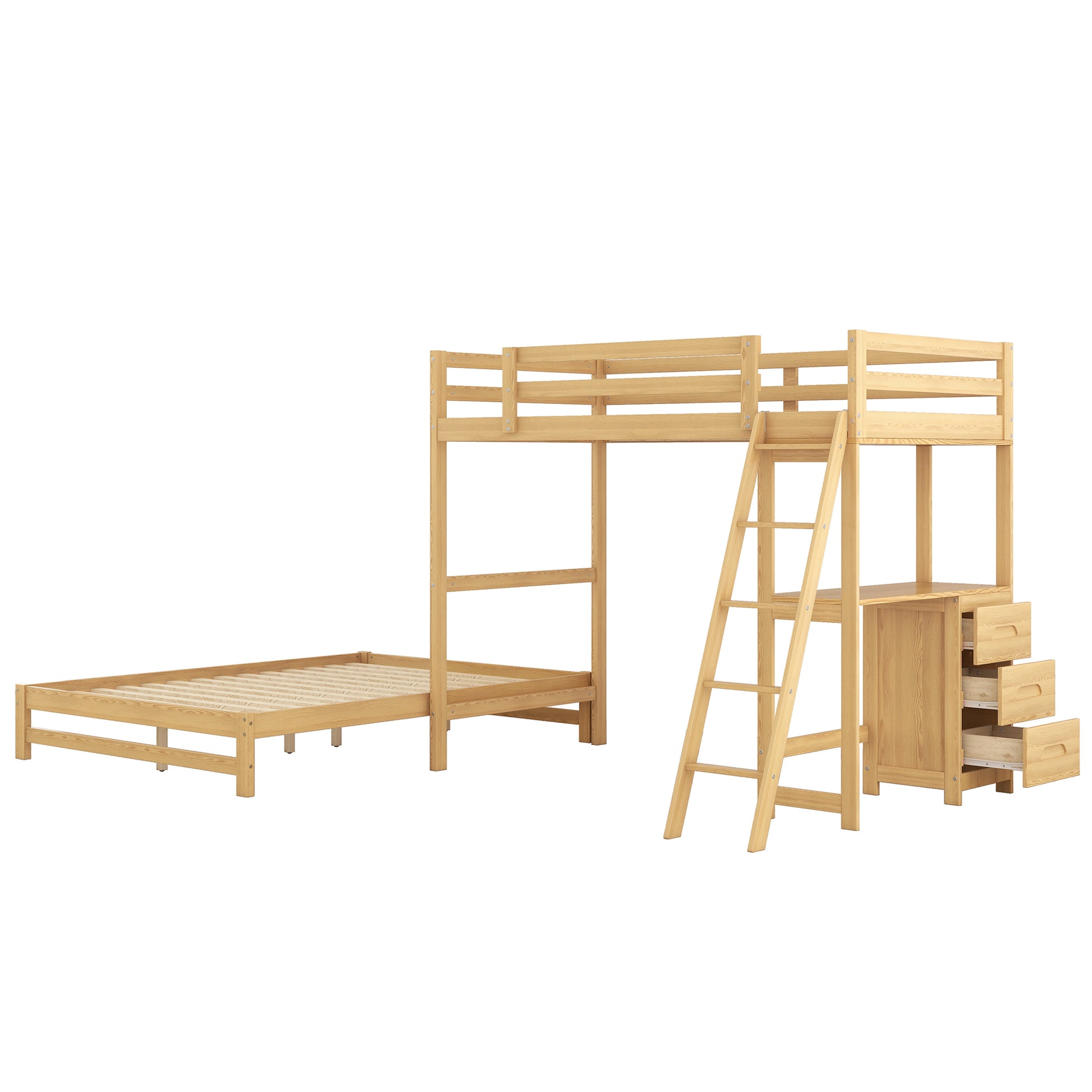 WM Store Twin over Full Bunk Bed with Built-in Desk and Three Drawers,Natural