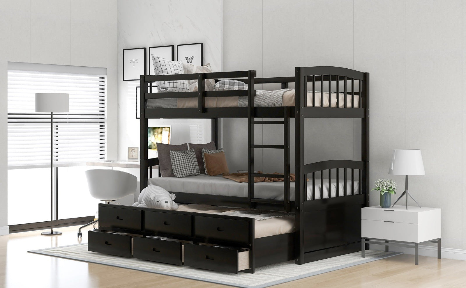 Jensen Twin over Twin Wood Bunk Bed with Trundle and Drawers, Espresso