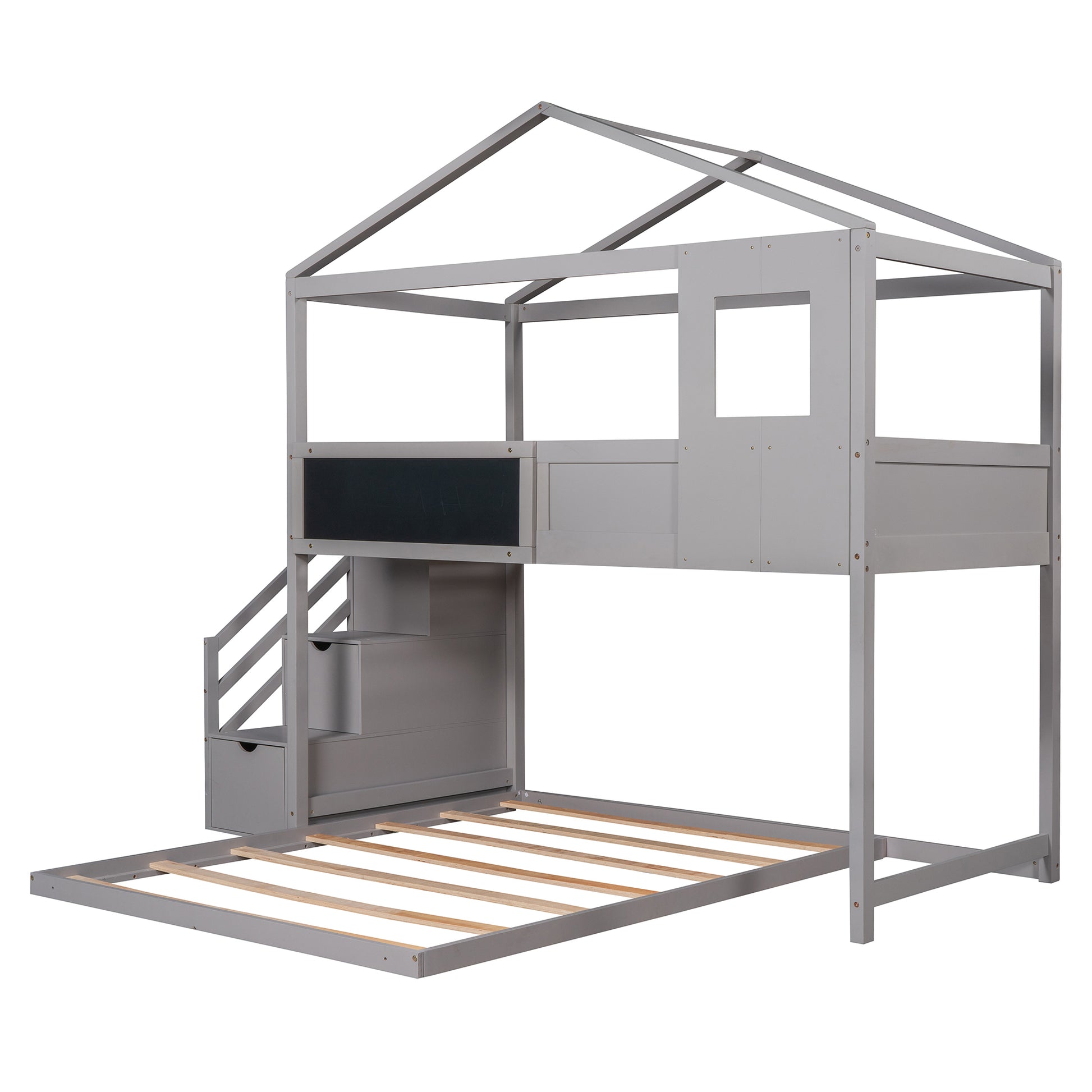 Twin over Full House Bunk Bed with Storage Staircase and Blackboard,Grey