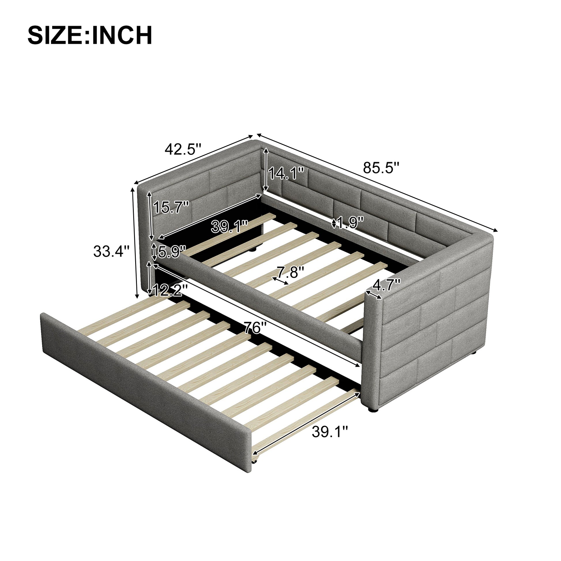 WM Store Twin Size Daybed with Trundle in Cube Tufted Gray Upholstery