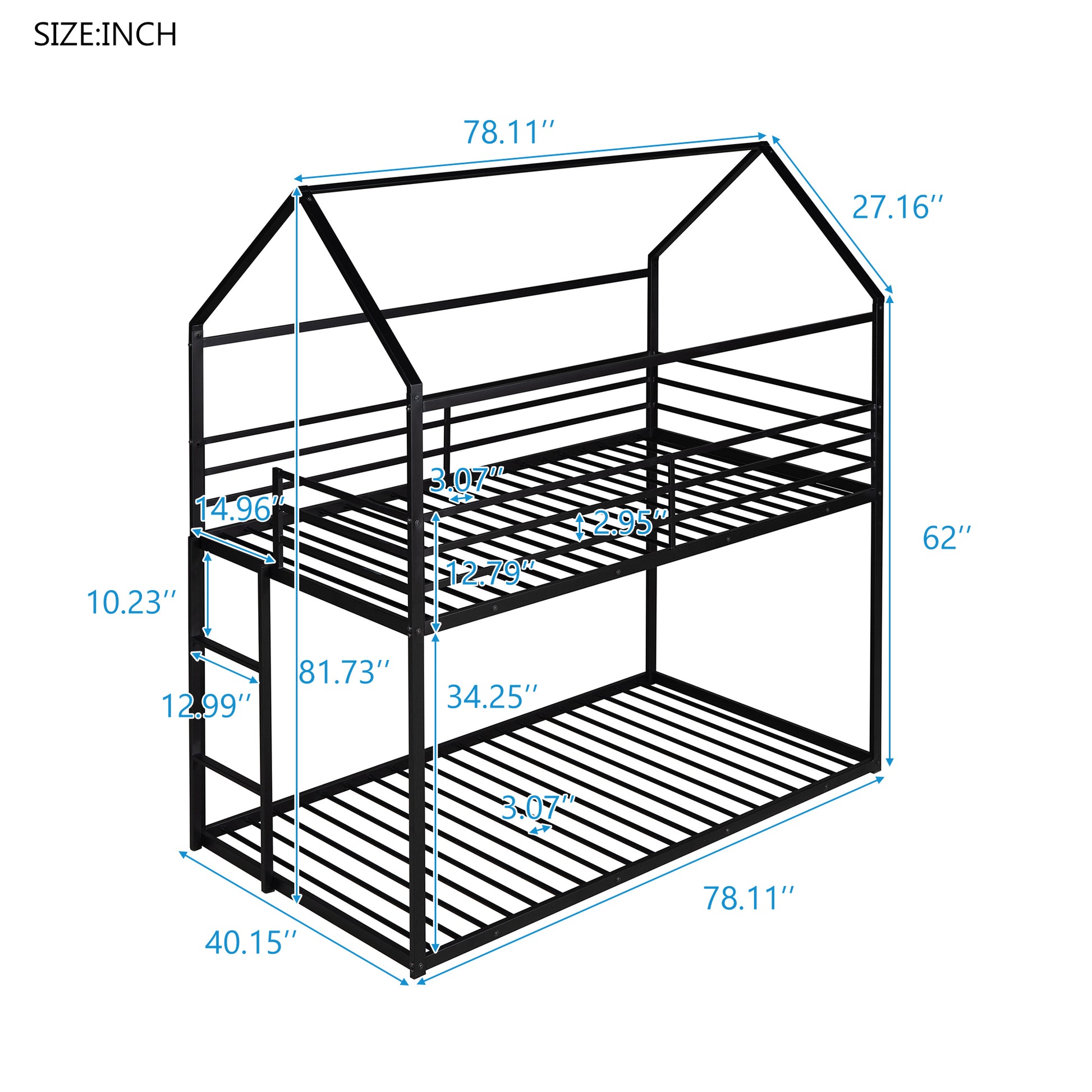 Homey Life Twin over Twin Black Metal House Theme Bunk Bed