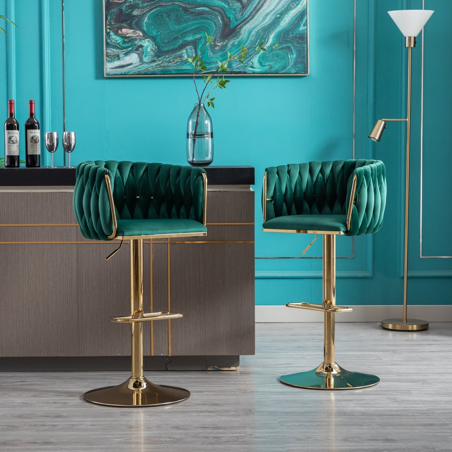 WeeHaa Modern Green Velvet Adjustable Height Bar Stool Set of 2