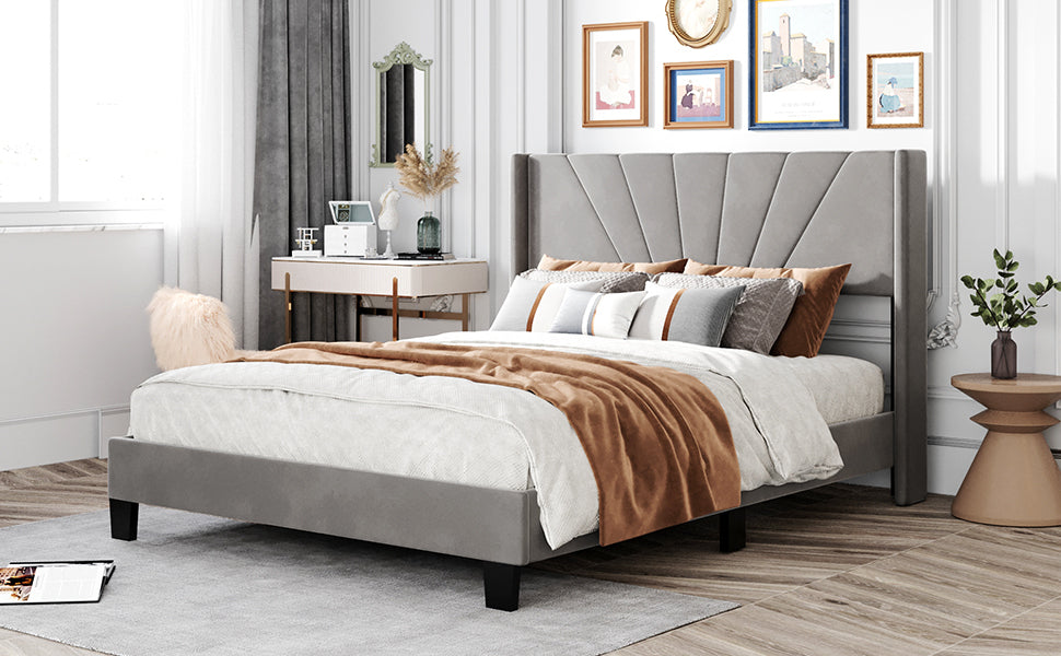 Queen Size Velvet Upholstered Bed- Gray