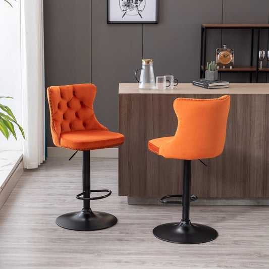 A&A Furniture Swivel Bar Stool in Soft Velvet with Black Metal Base Set of 2