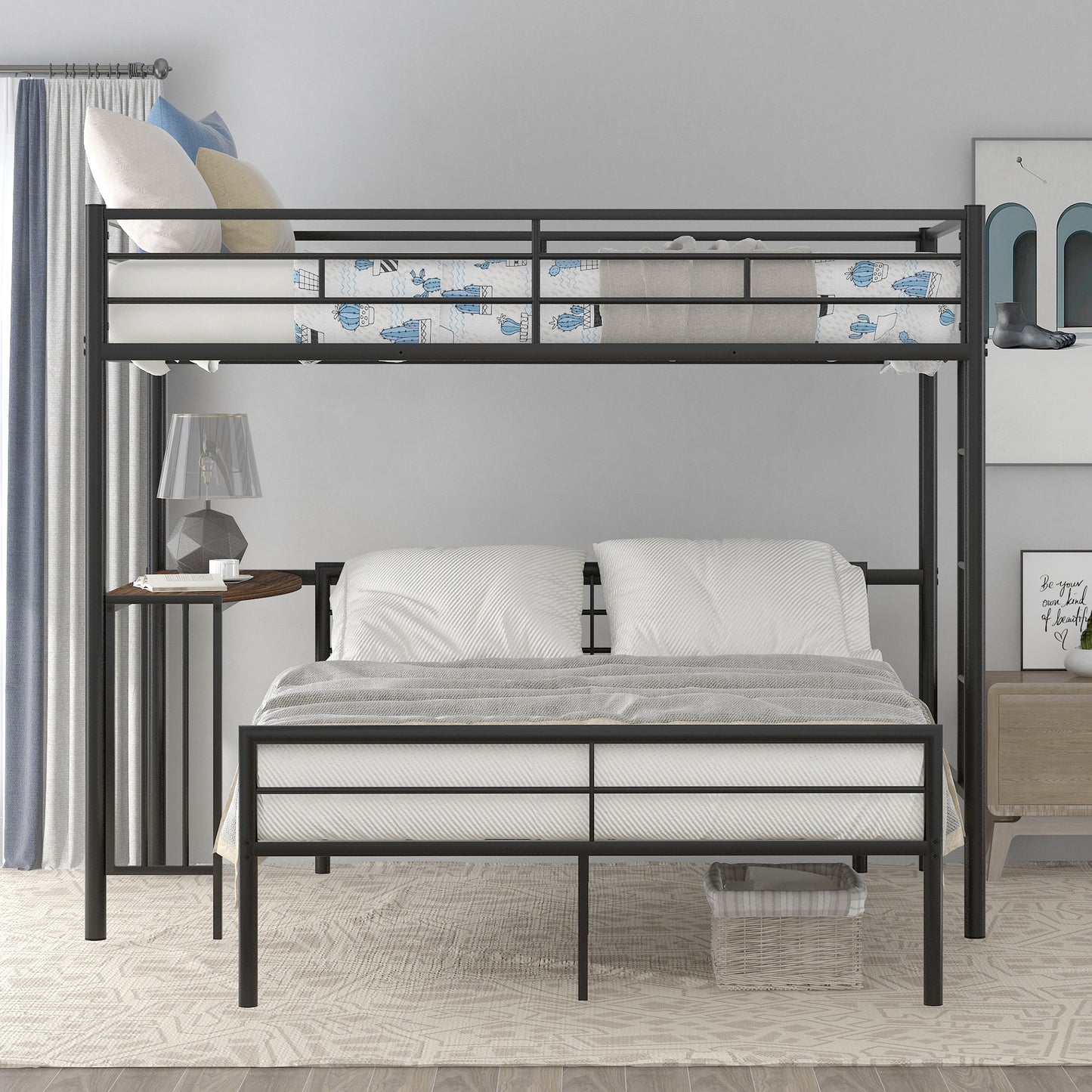 Homey Life Twin Over Full Metal Bunk Bed with Desk & Ladder in Black