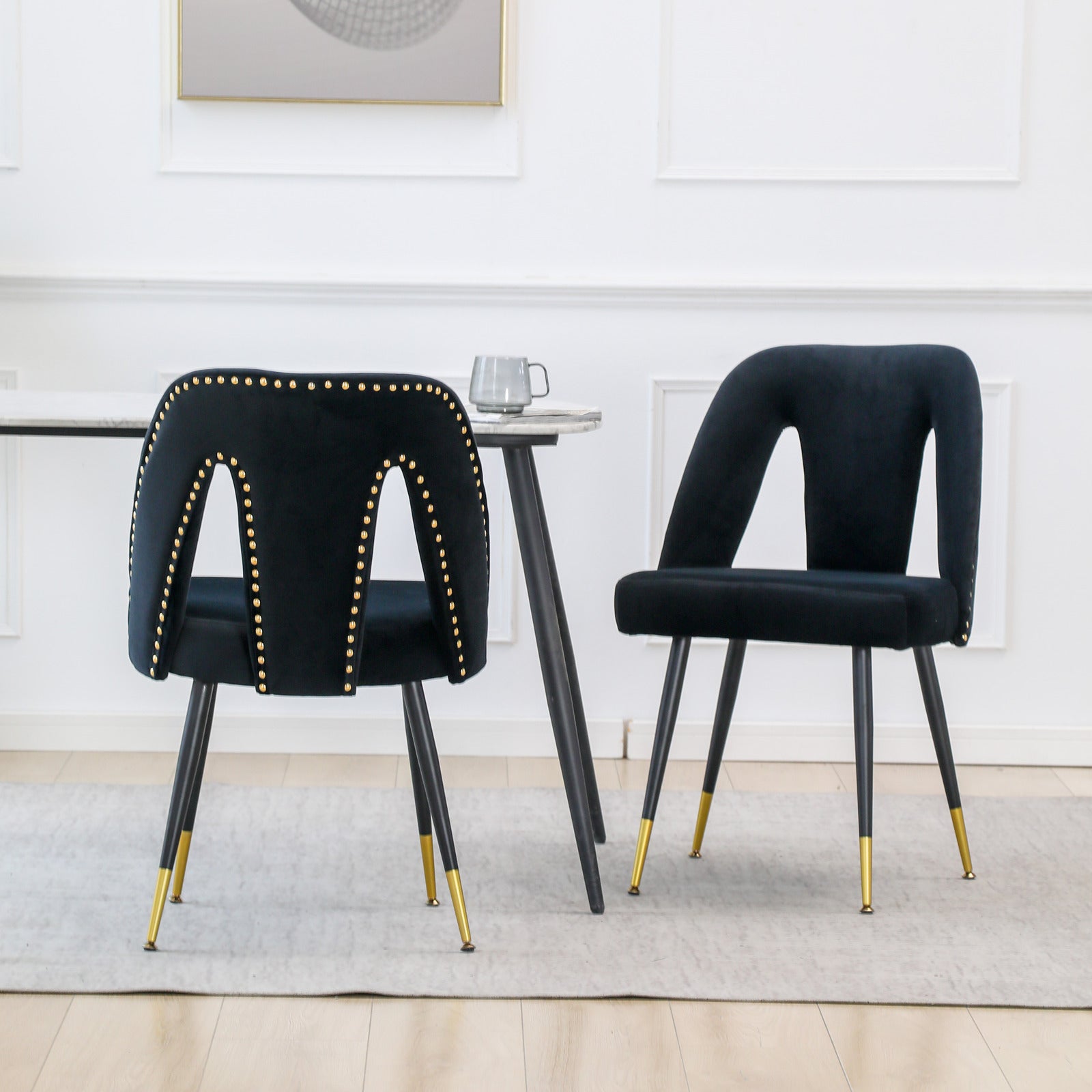 A&A Furniture Velvet Upholstered Dining Chair with Nailheads and Gold Tipped Black Metal Legs Set of 2