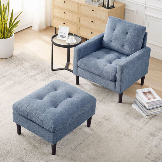 Welike Modern Upholstered Sofa Chair & Ottoman Set - Blue