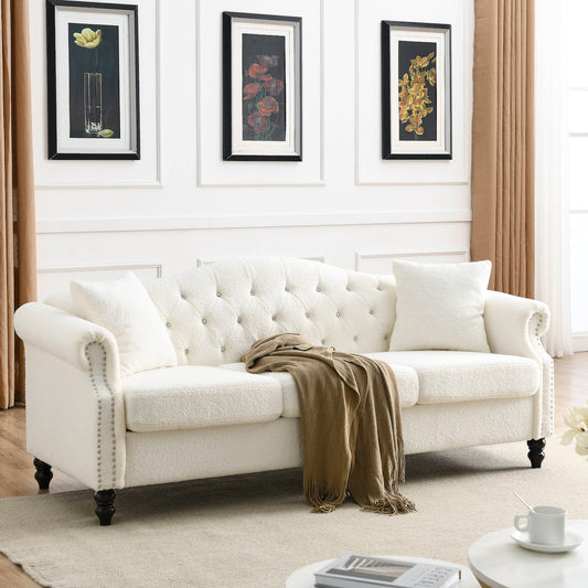 79" Chesterfield Sofa in Plush White Teddy Fabric