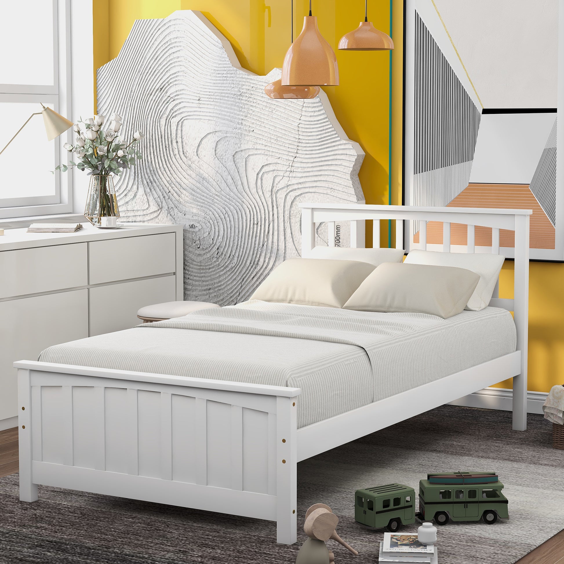 Homey Life Twin size Platform Bed, White