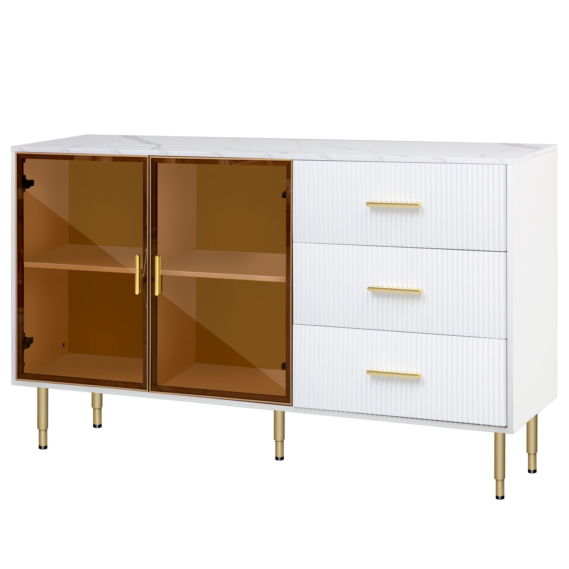 TREXM Modern Sideboard Cabinet Marble Sticker Tabletop and Amber-Yellow Tempered Glass Doors with Gold Metal Legs & Handles White