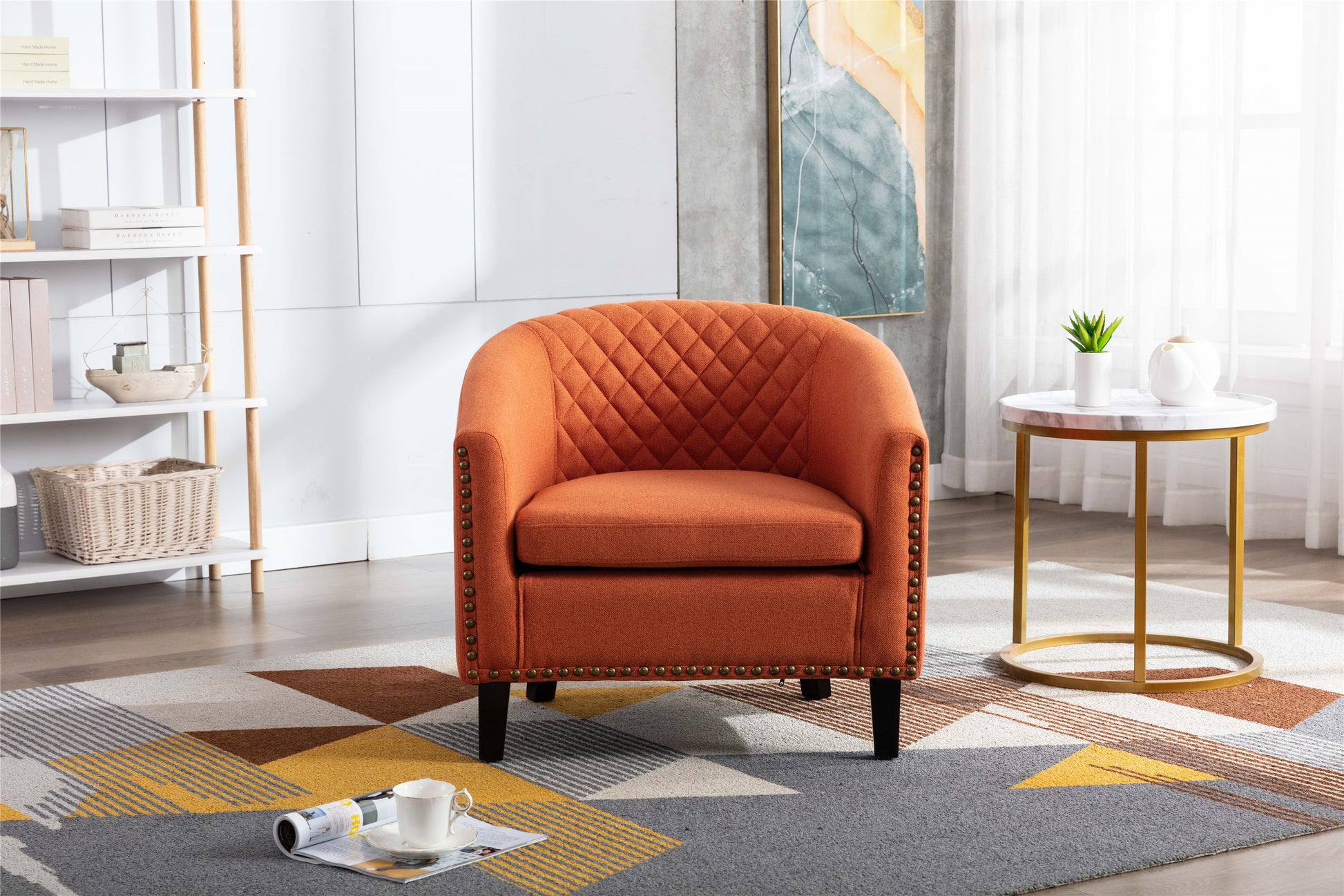 Coolmore Barrel Chair in Orange Linen with Nailhead Trim