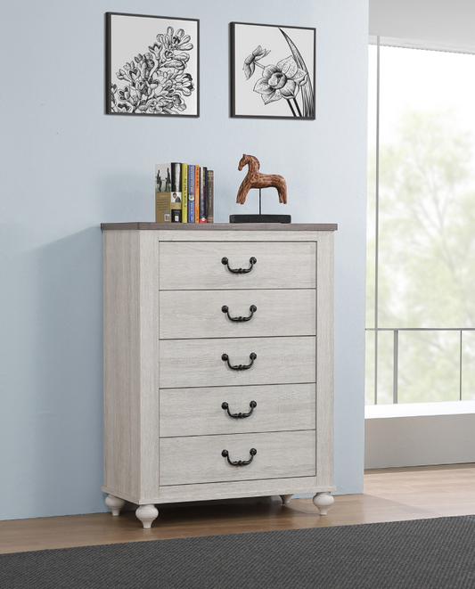 Stillwood 5-Drawer Chest in Vintage Linen w- Ash Brown Top