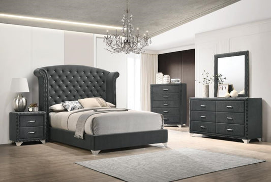 Melody Contemporary Studded Wingback Upholstered Bed Grey