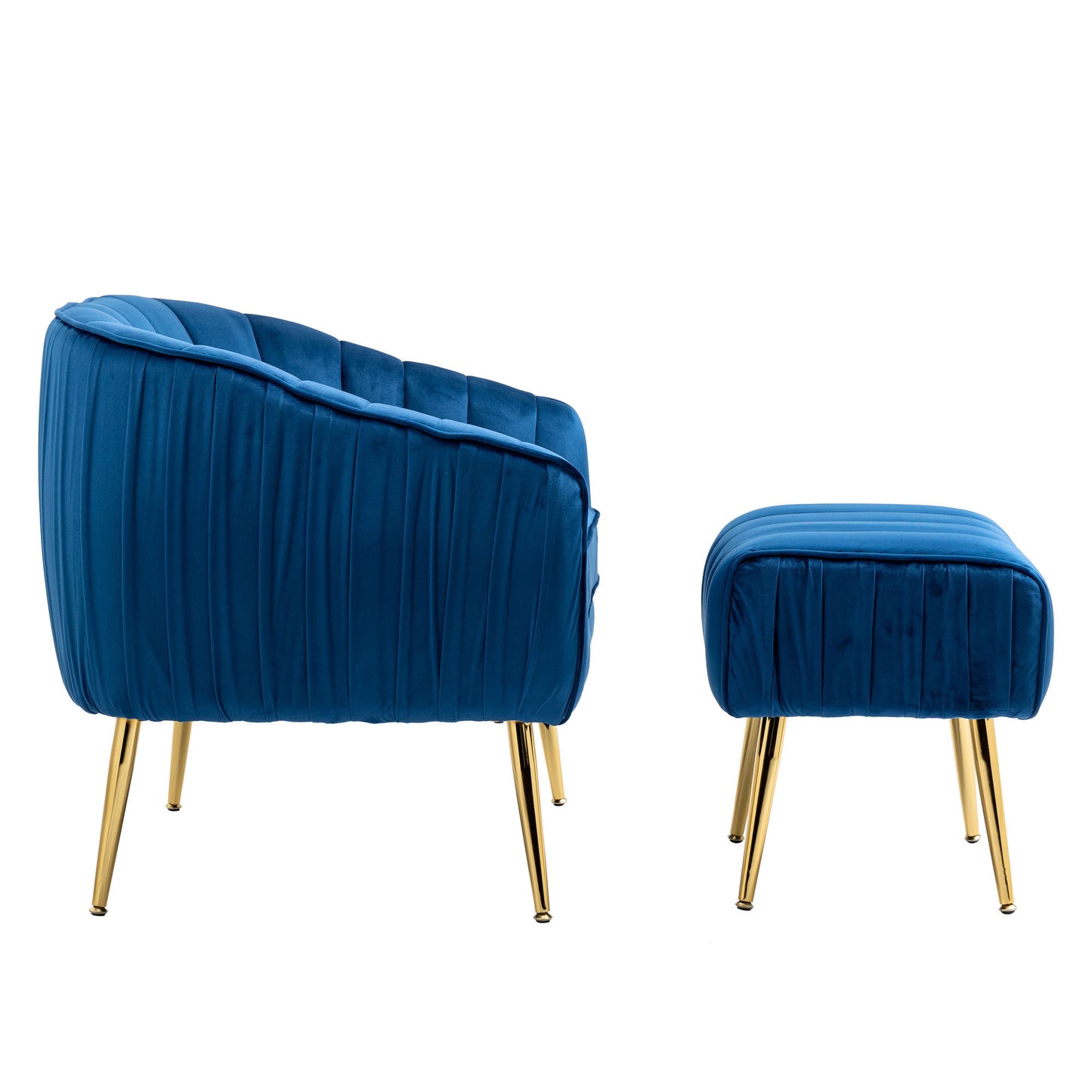 Velvet Accent Chair with Ottoman Set in Blue