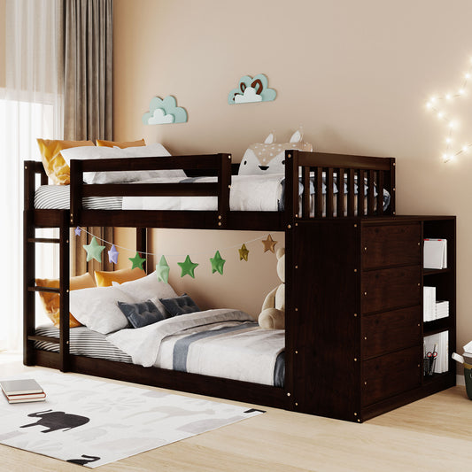 Twin over Twin Bunk Bed with 4 Drawers and 3 Shelves-Espresso