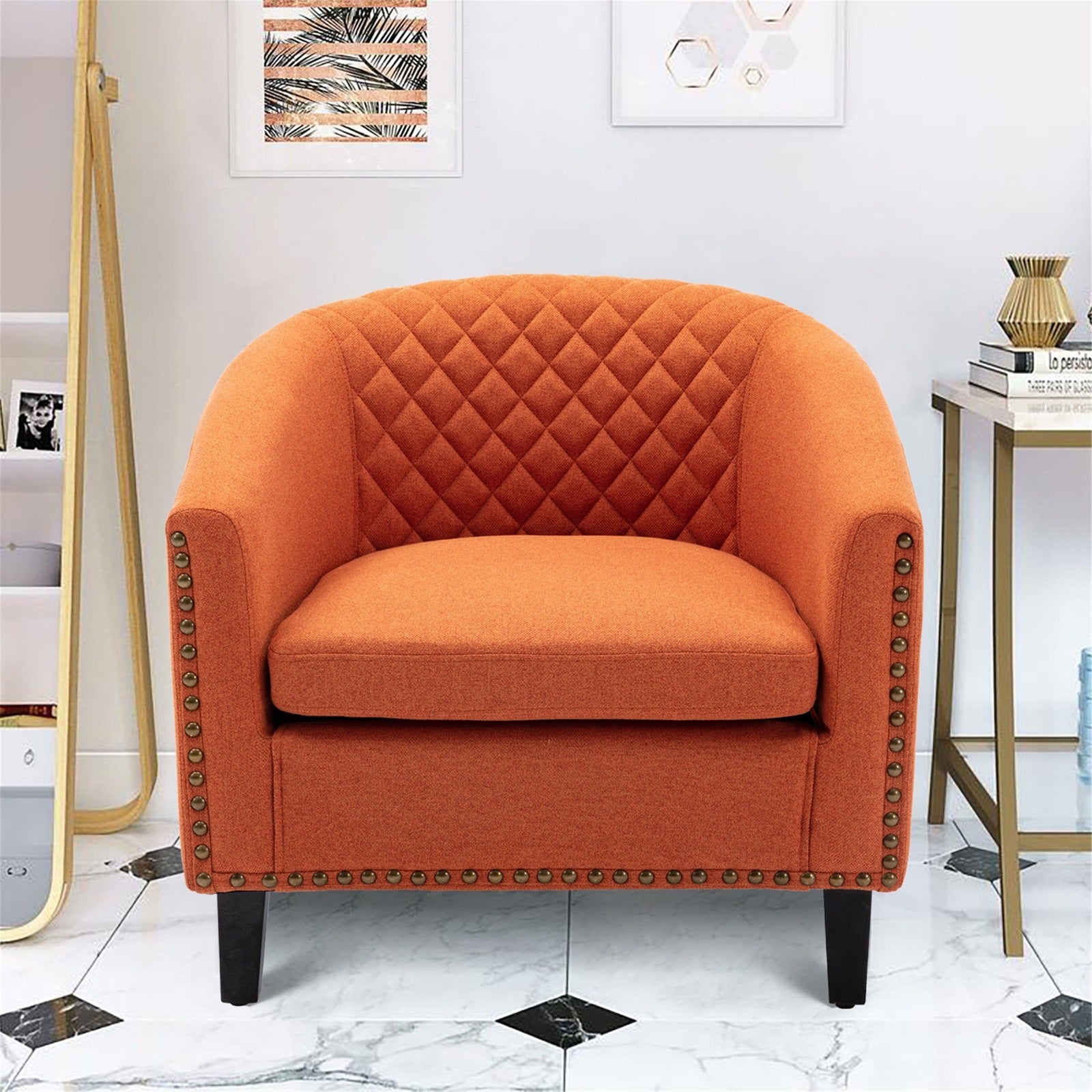 Coolmore Barrel Chair in Orange Linen with Nailhead Trim