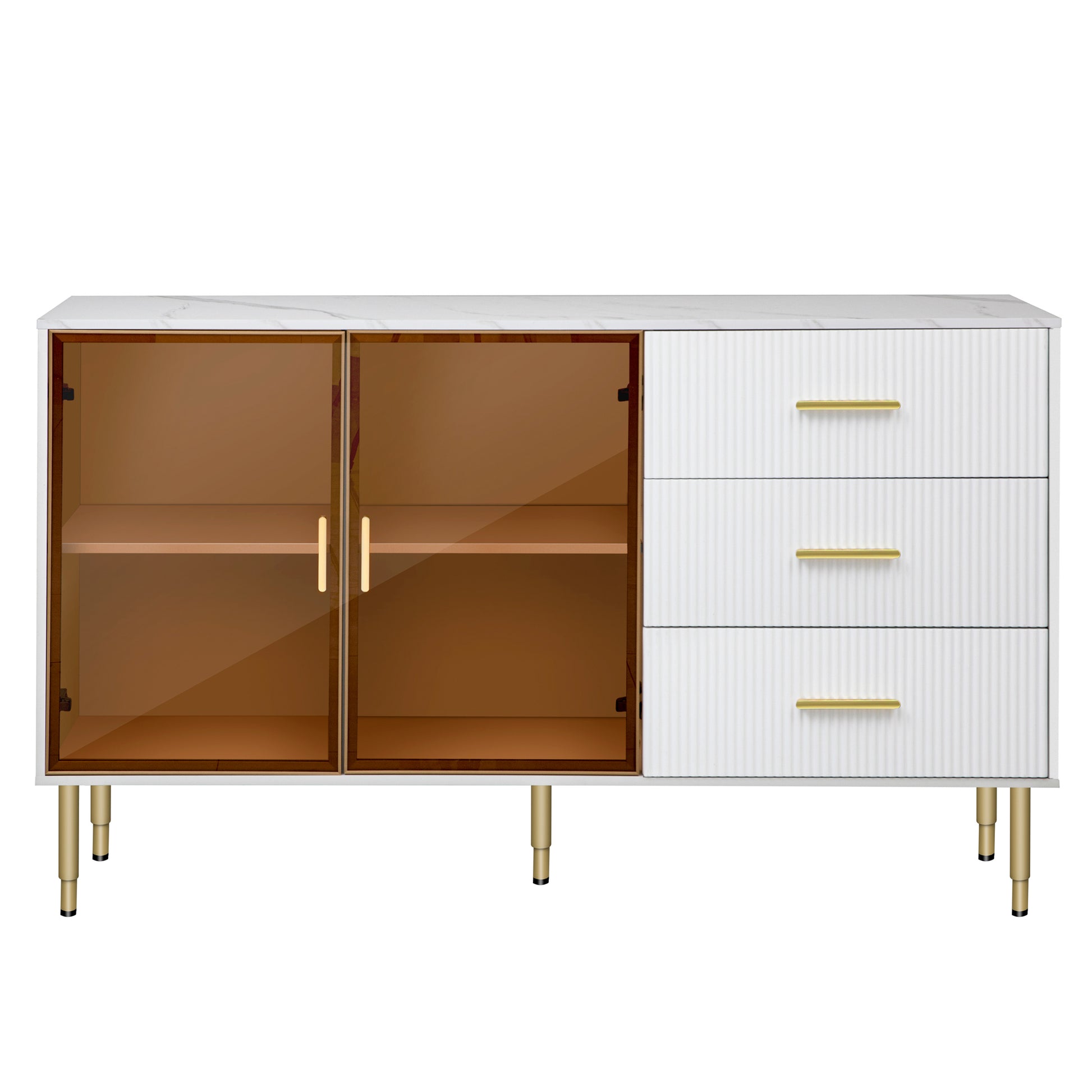 TREXM Modern Sideboard Cabinet Marble Sticker Tabletop and Amber-Yellow Tempered Glass Doors with Gold Metal Legs & Handles White