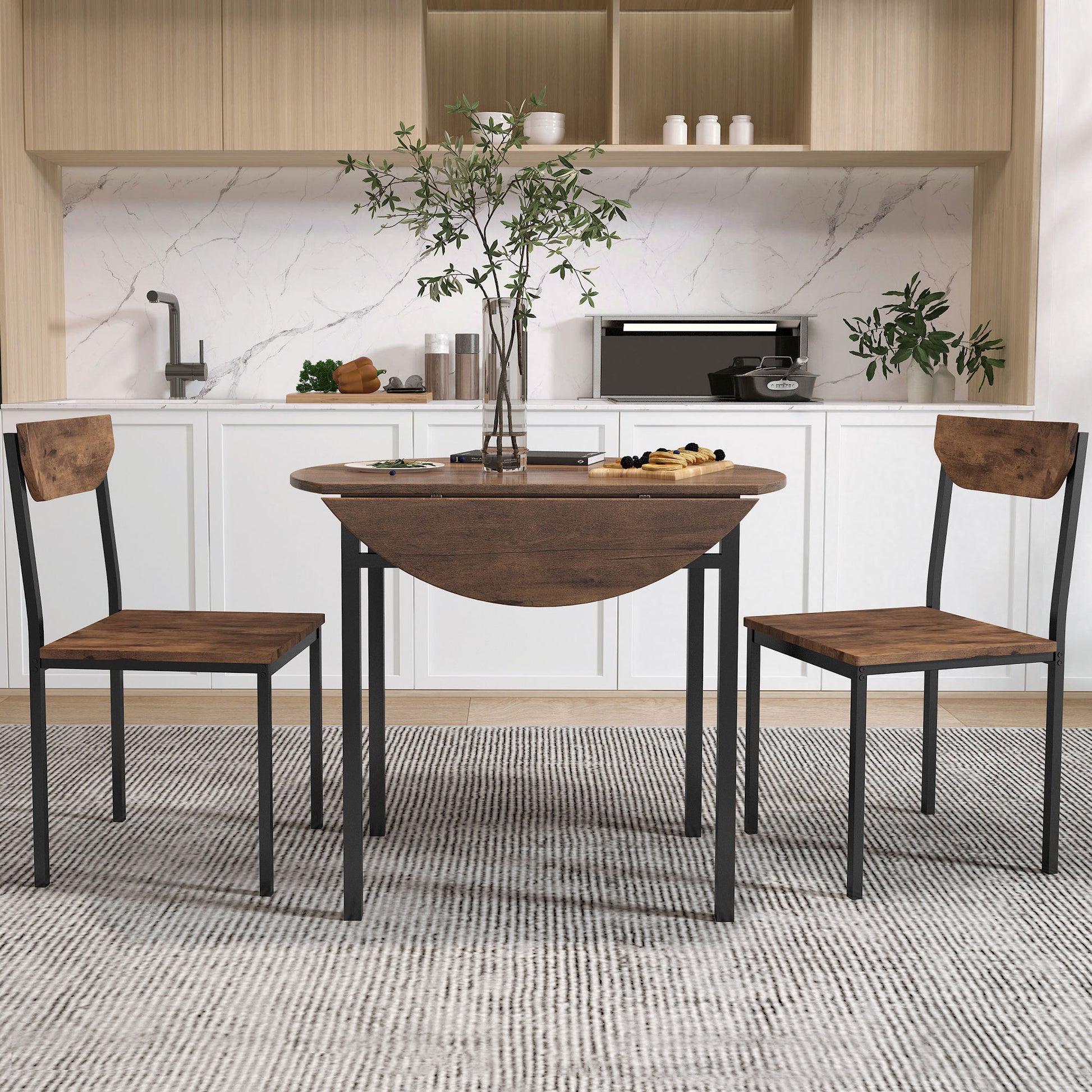 TOPMAX Modern 3-Piece Round Dining Table Set with Drop Leaf