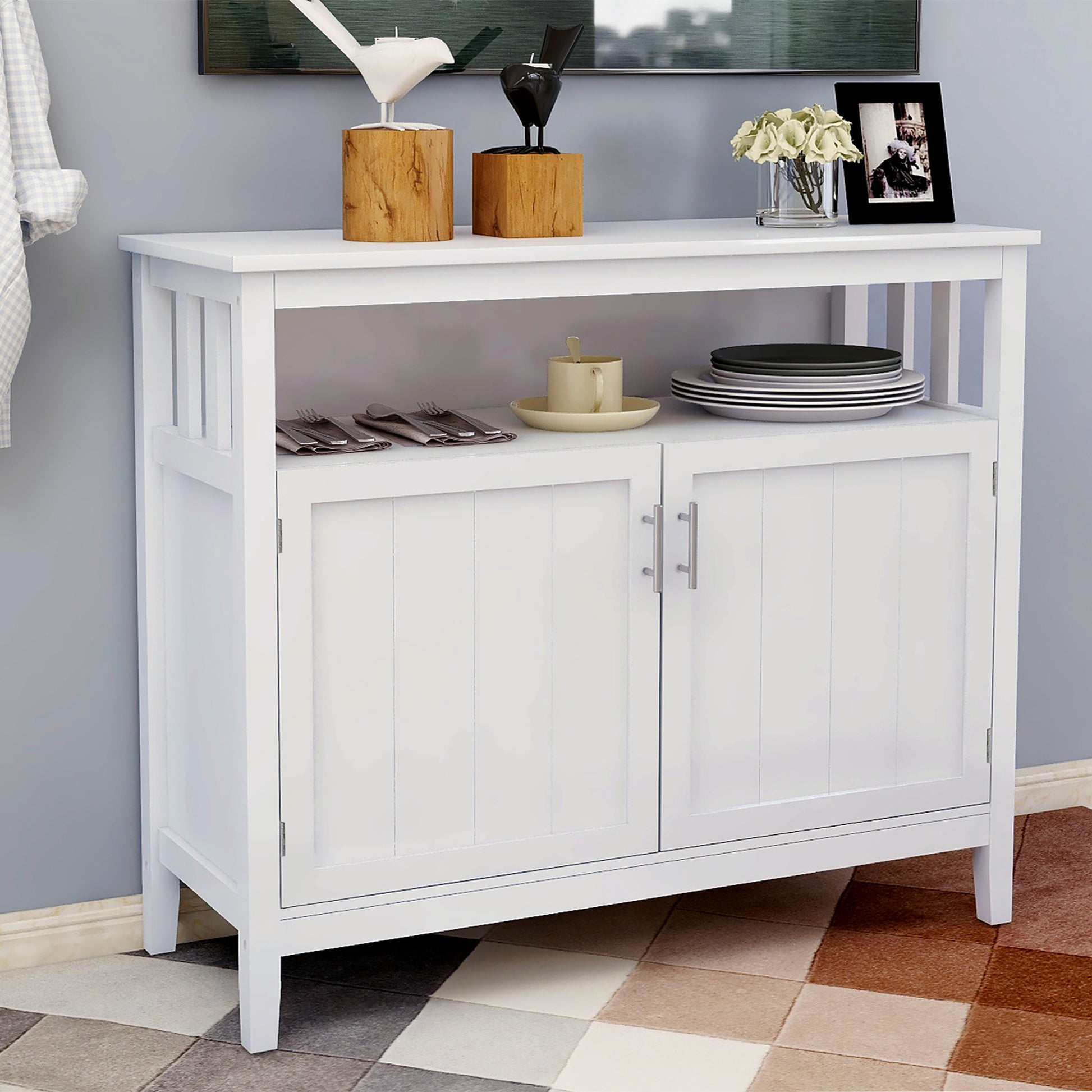 Kitchen storage sideboard and buffet server cabinet-White