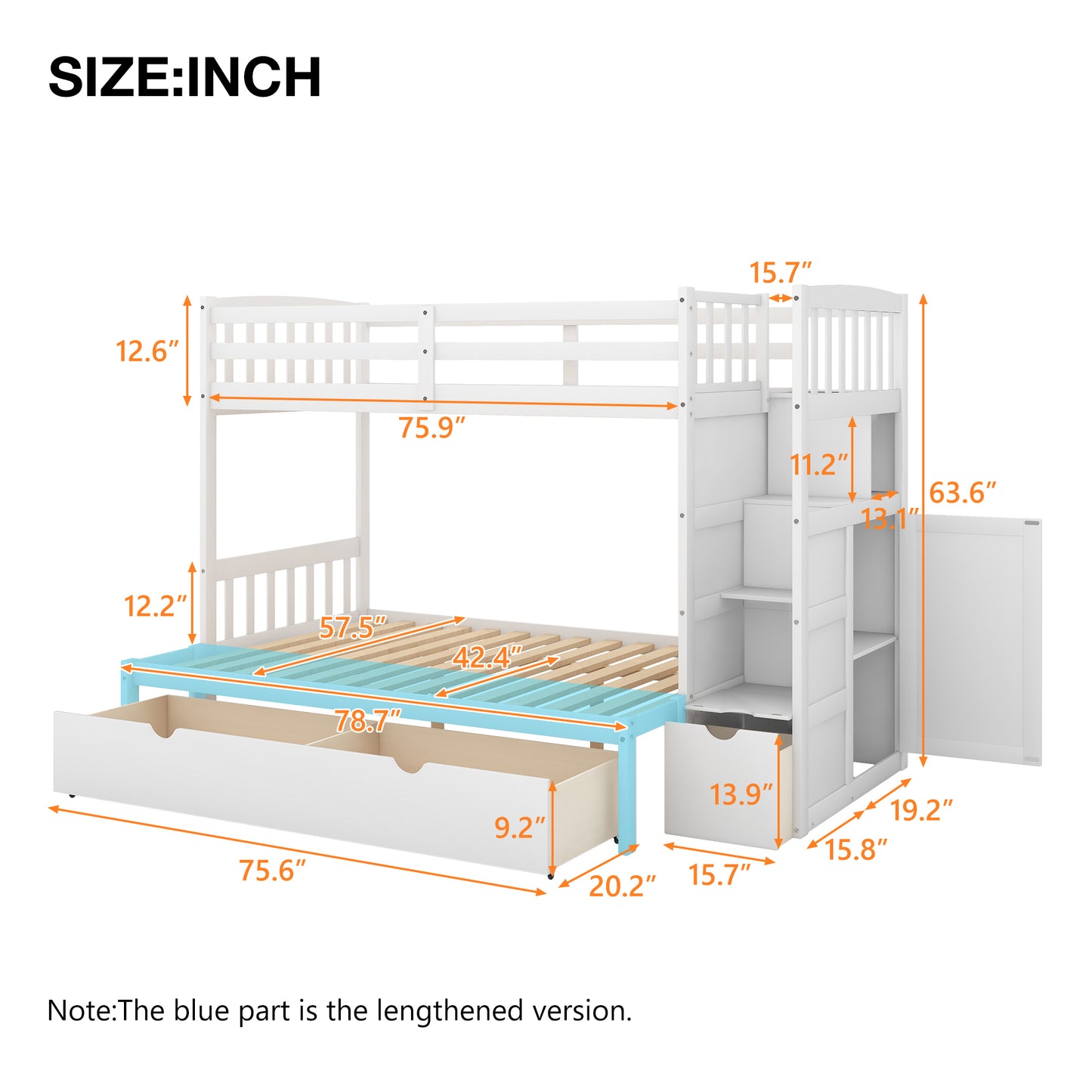 WM Store Twin over Full/Twin Bunk Bed, Convertible Bottom Bed, Storage Shelves and Drawers, White