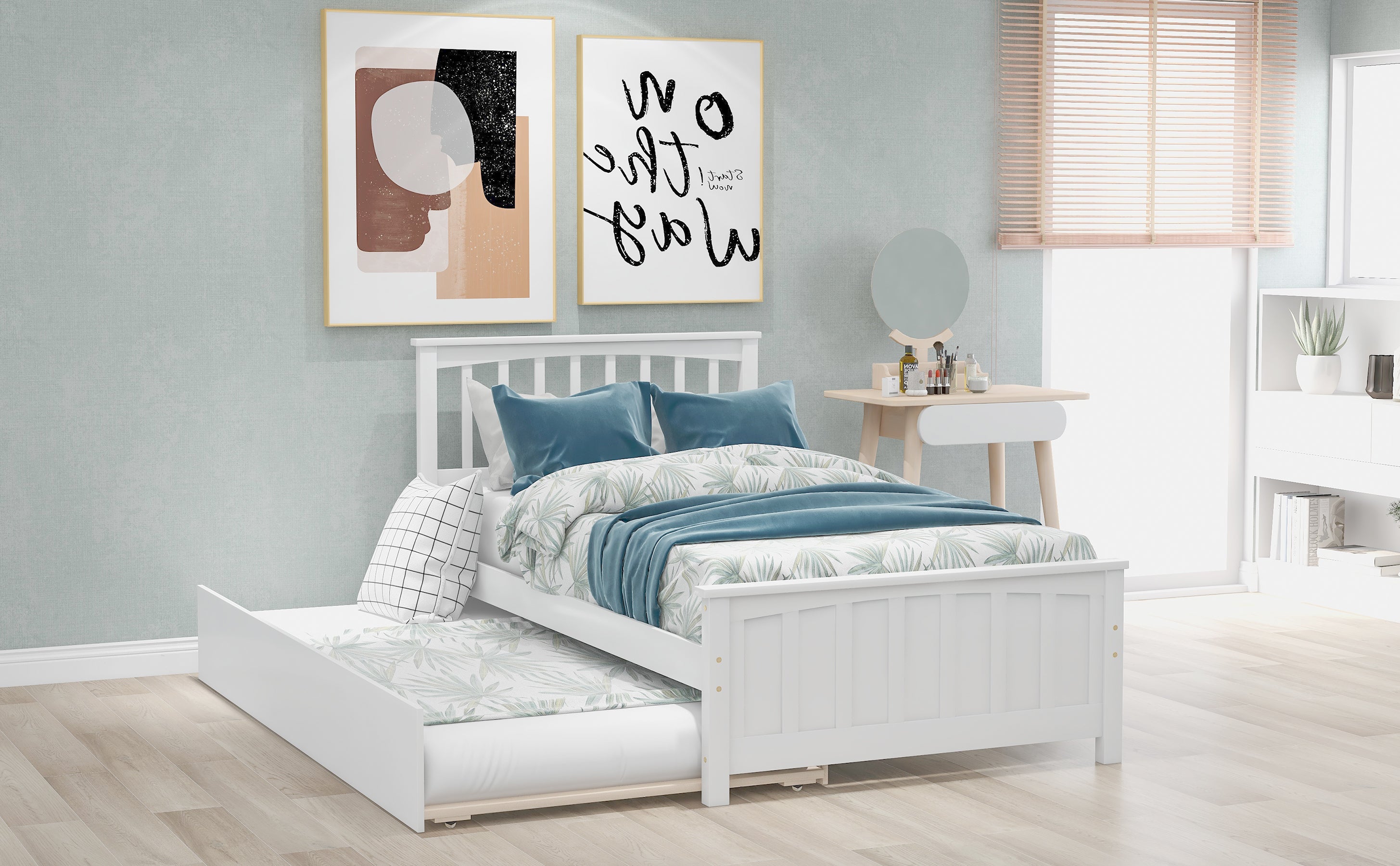 White wood twin bed store with trundle