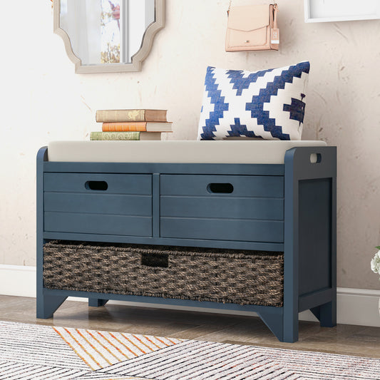 TREXM Storage Bench with Removable Basket and 2 Drawers - Navy