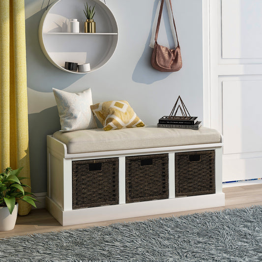 TREXM Rustic Storage Bench with 3 Removable Classic Rattan Baskets - White