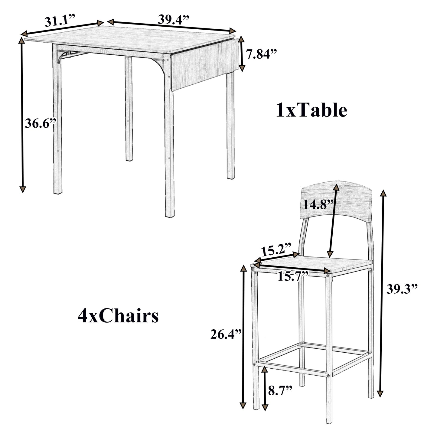 5-piece Farmhouse Counter Height Drop Leaf Dining Table Set