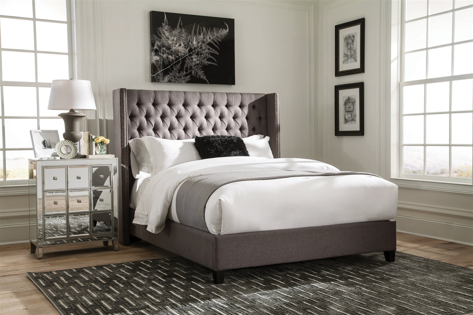 Bancroft Demi-Wing King Bed in Grey Woven Fabric