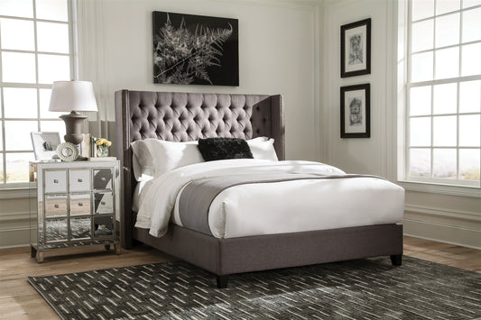 Bancroft Demi-Wing King Bed in Grey Woven Fabric