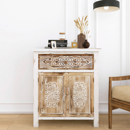 Weathered Wood Cabinet with 1 Drawer and 2 Doors Vintage Accent Storage Cabinet for Entryway, Living Room