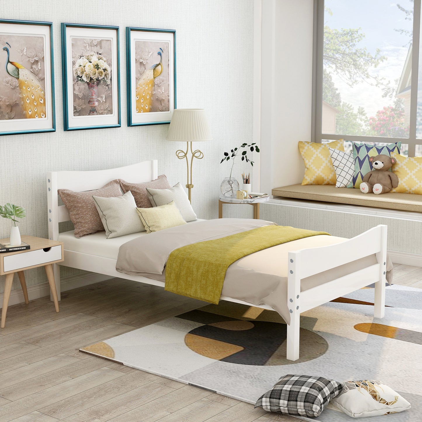 Homey Life Traditional Twin Size Wooden Platform Bed in White