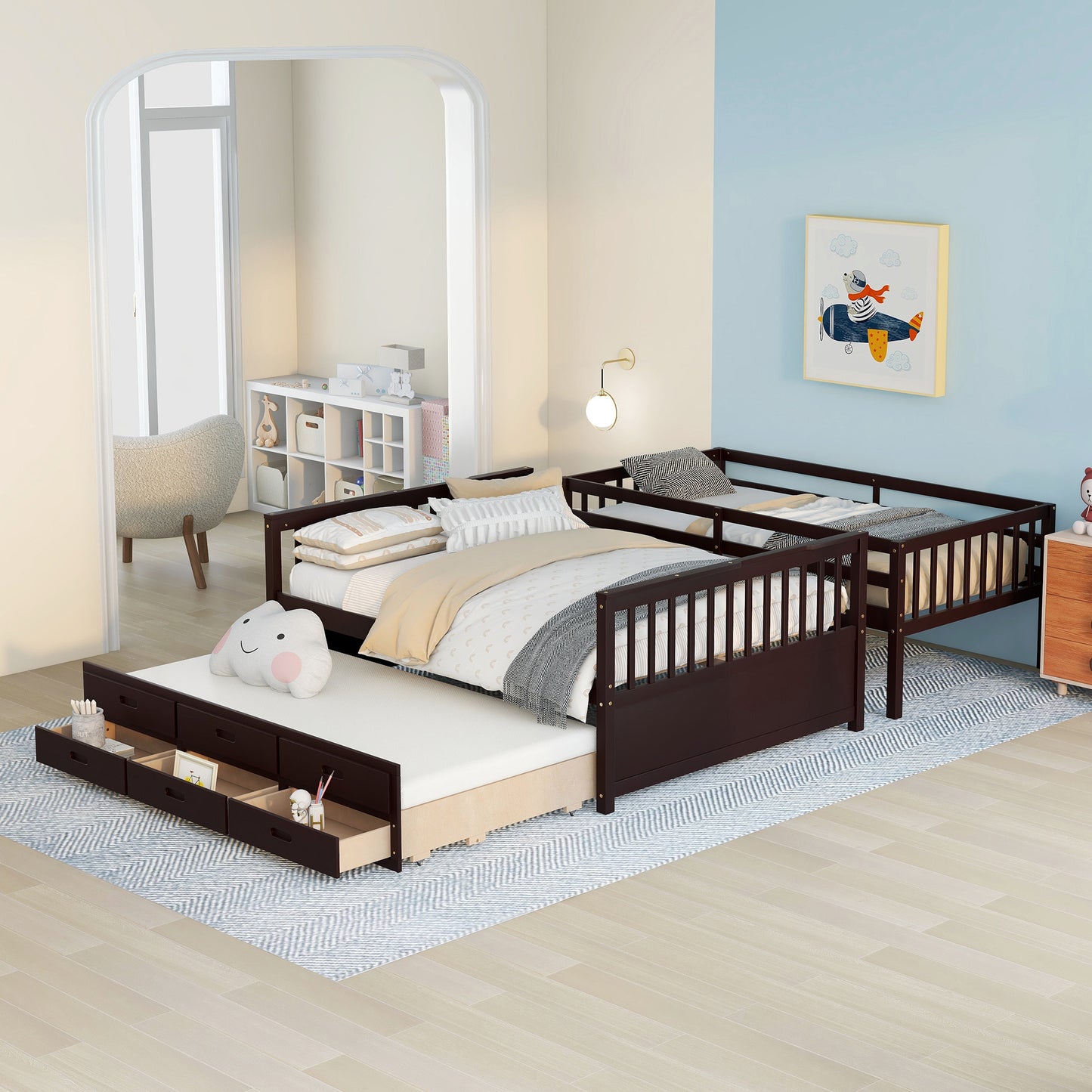 Homey Life Twin-Over-Full Bunk Bed with Twin size Trundle , Separable Bunk Bed with Drawers for Bedroom - Espresso