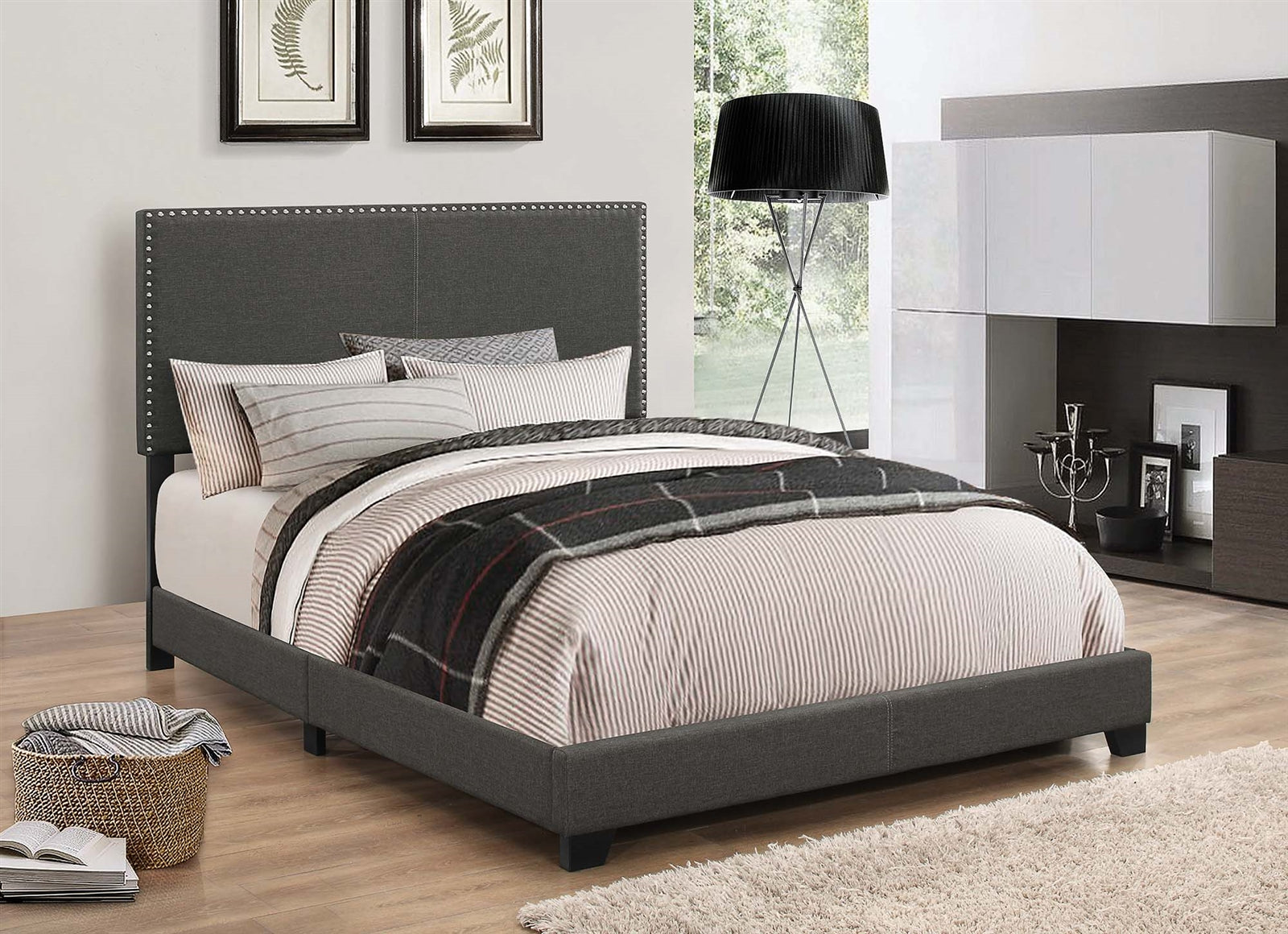 Indi Charcoal Grey Upholstered King Bed with Nailhead Trim