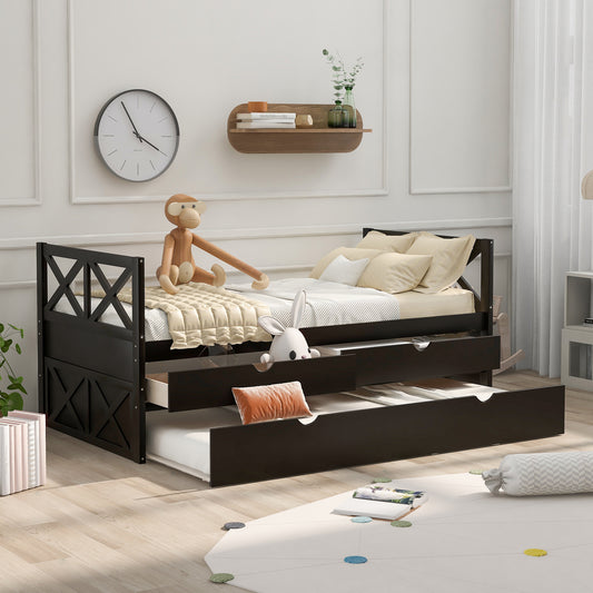 Multi-Functional Daybed with Drawers and Trundle, Espresso